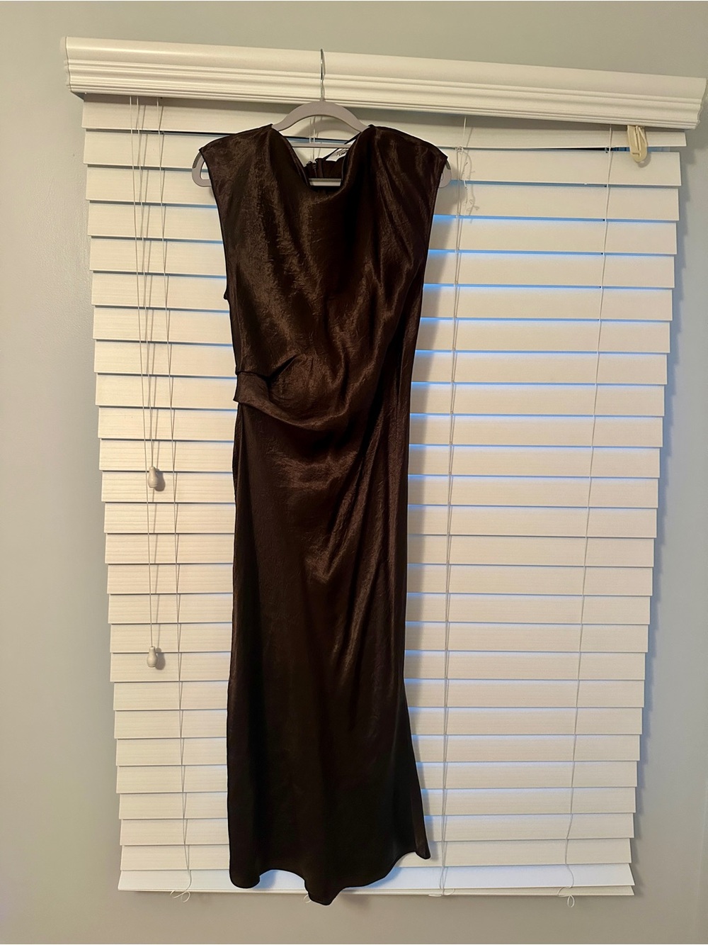 & Other Stories Satin High-Neck Midi Dress in Chocolate Brown - Picture 3 of 5